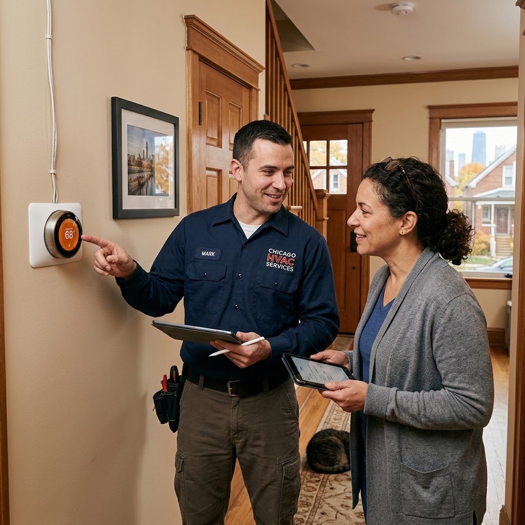 Chicago homeowner reviewing thermostat settings with HVAC technician