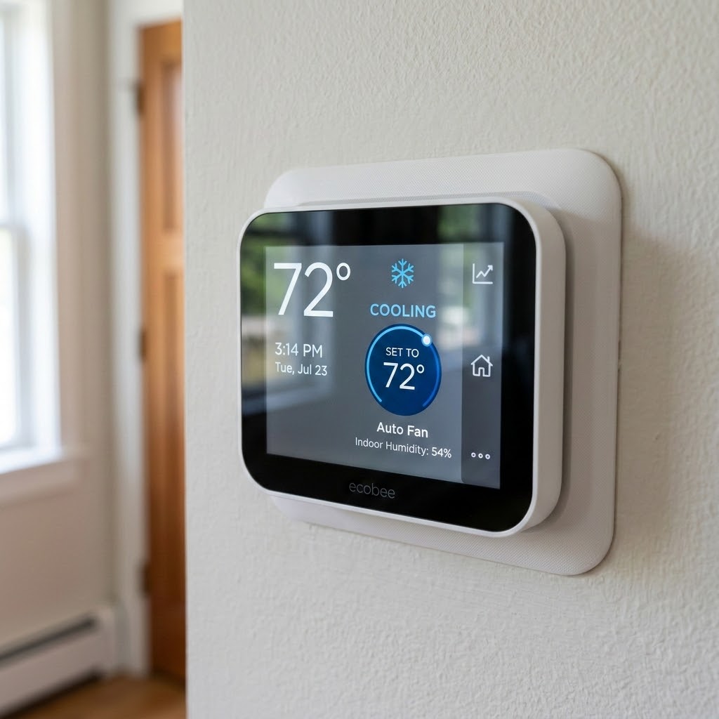Close-up of programmable thermostat displaying cooling settings