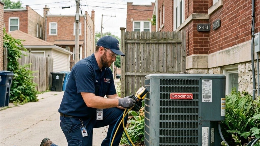 HVAC technician inspecting outdoor AC condenser unit beside a Chicago home
