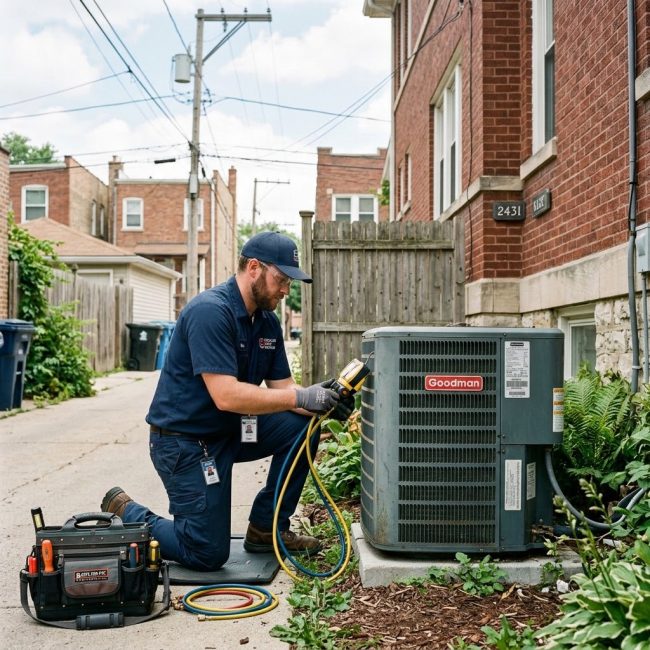 HVAC technician inspecting outdoor AC condenser unit beside a Chicago home