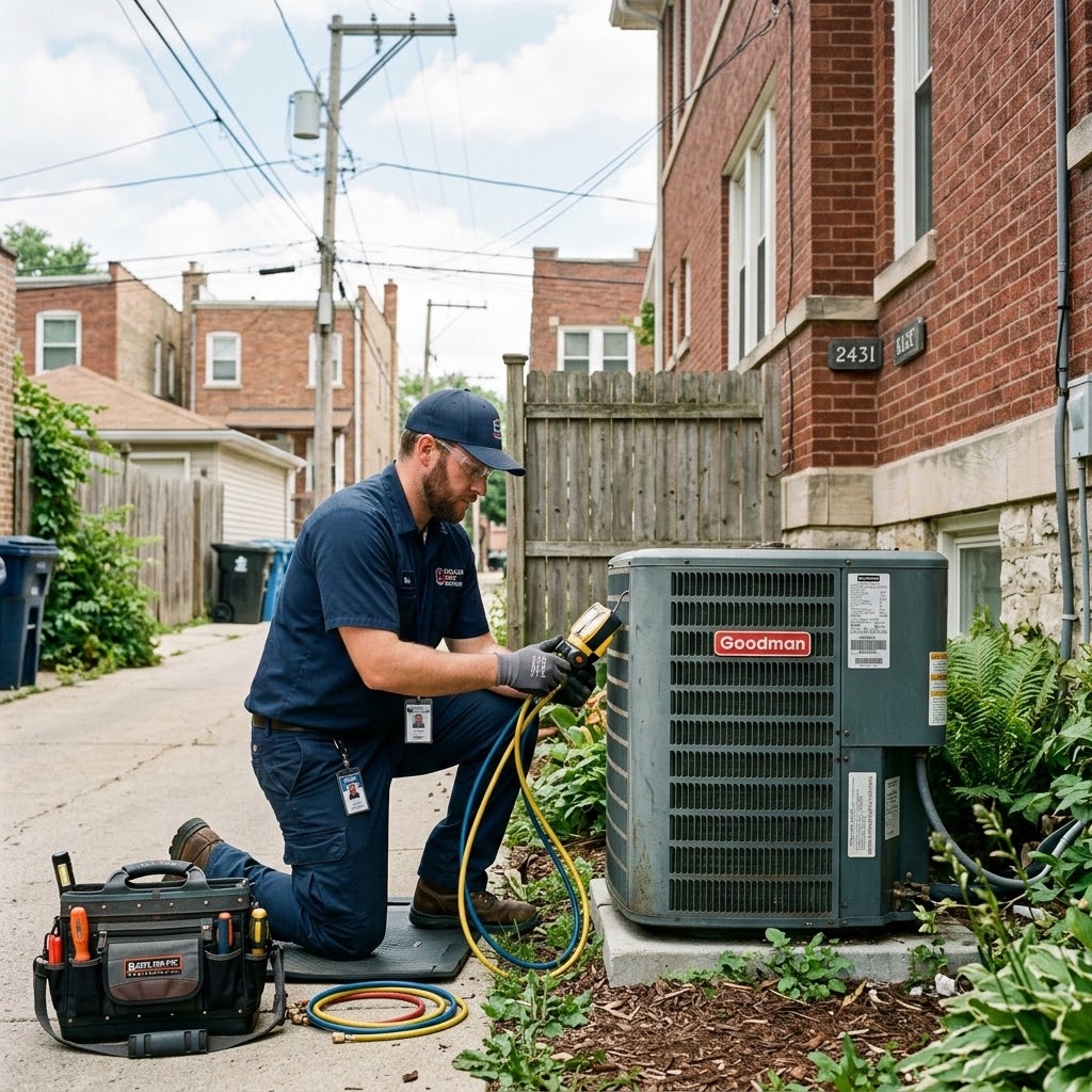 HVAC technician inspecting outdoor AC condenser unit beside a Chicago home
