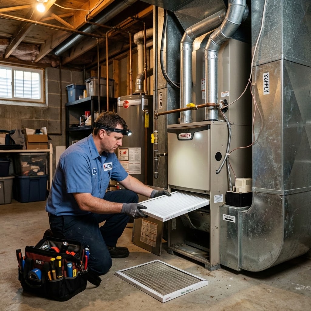 Furnace inspection and filter replacement in a residential basement