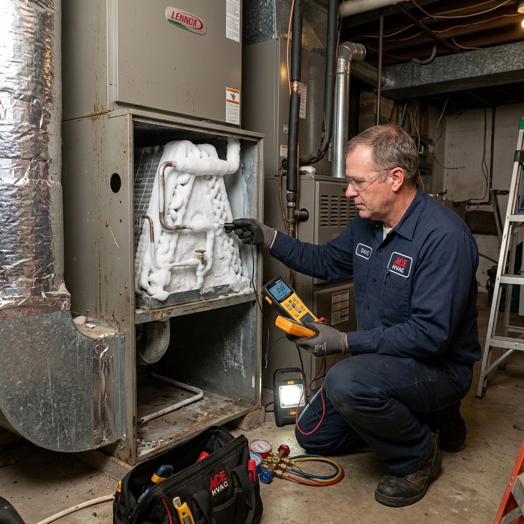 Frozen evaporator coil and HVAC technician diagnosing airflow issue