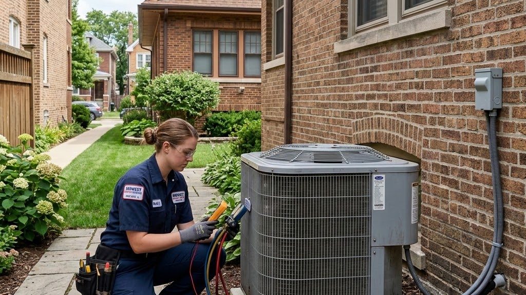 Technician inspecting residential AC condenser unit outside a Chicago home