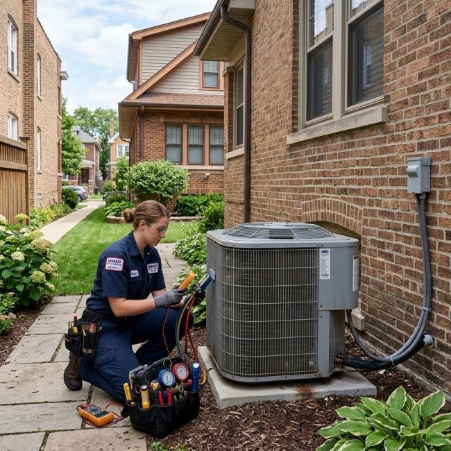 Technician inspecting residential AC condenser unit outside a Chicago home