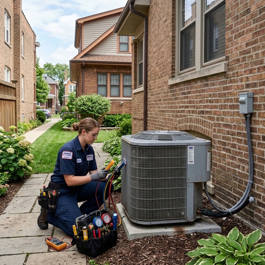 Technician inspecting residential AC condenser unit outside a Chicago home